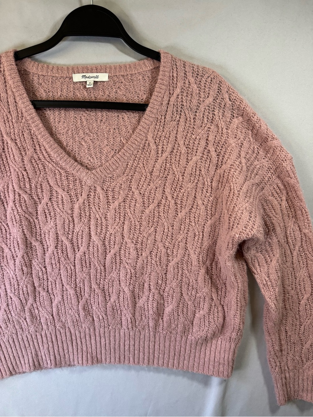 Madewell M Blush Pink Cable Knit V-Neck Alpaca Blend Sweater